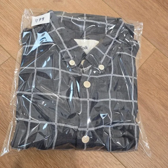 Folk Mens Windowpane Check Button Down Shirt Charcoal Grey Cotton Size 4 L - Picture 9 of 9